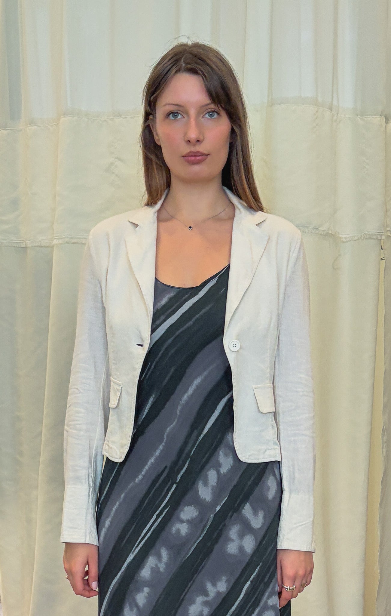 Beige Cropped Linen Blazer