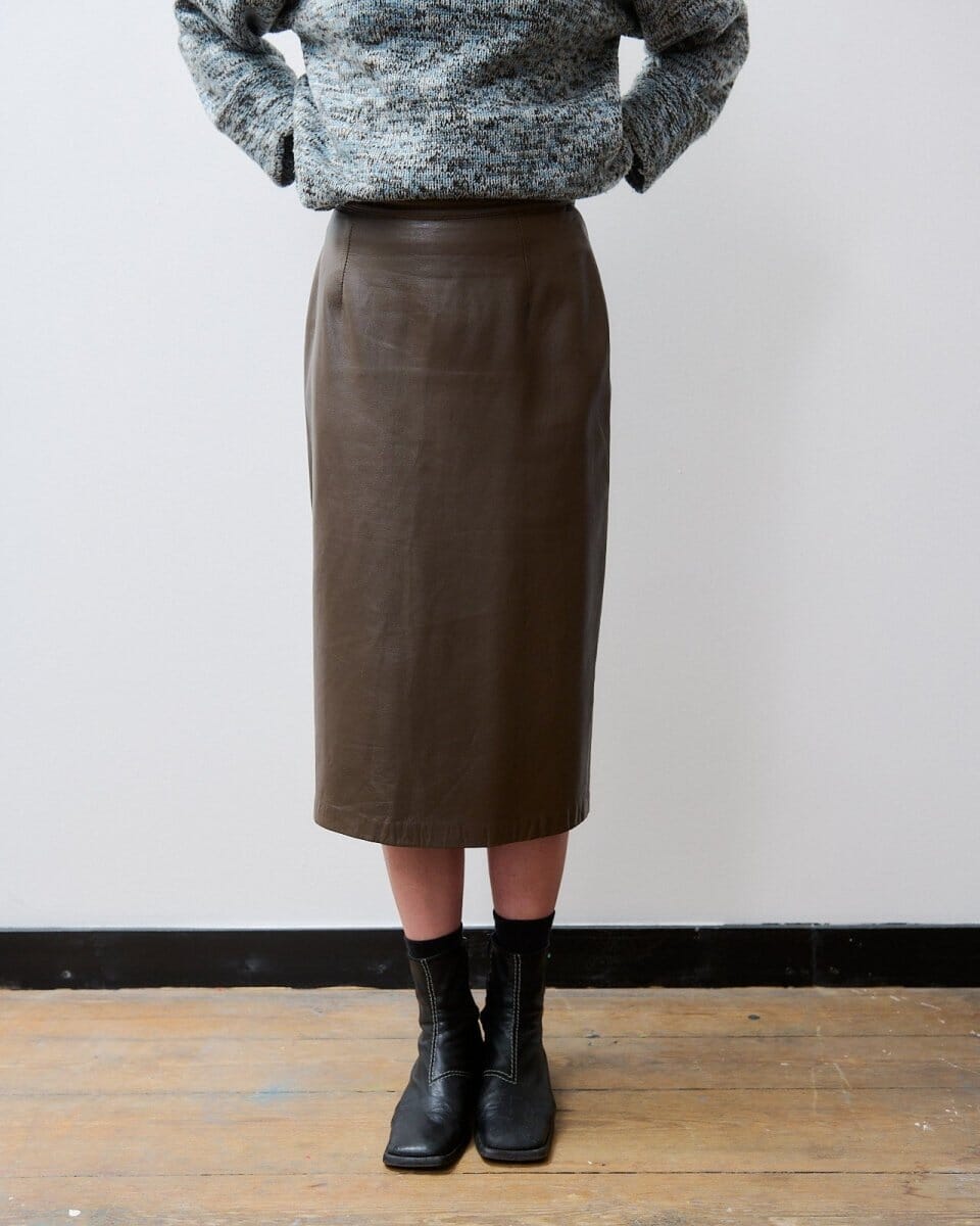 Brown leather midi skirt