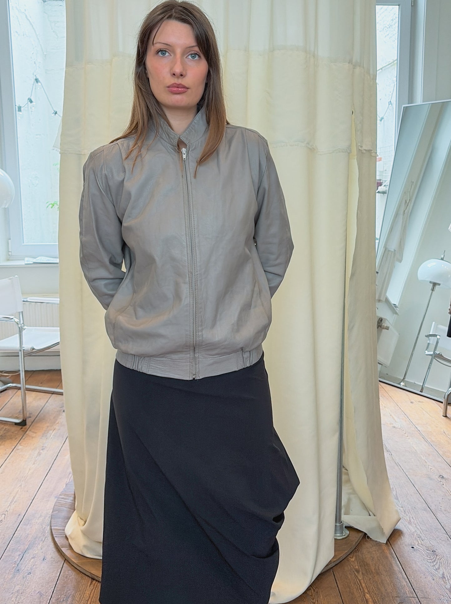 Grey Leather Bomber Jacket